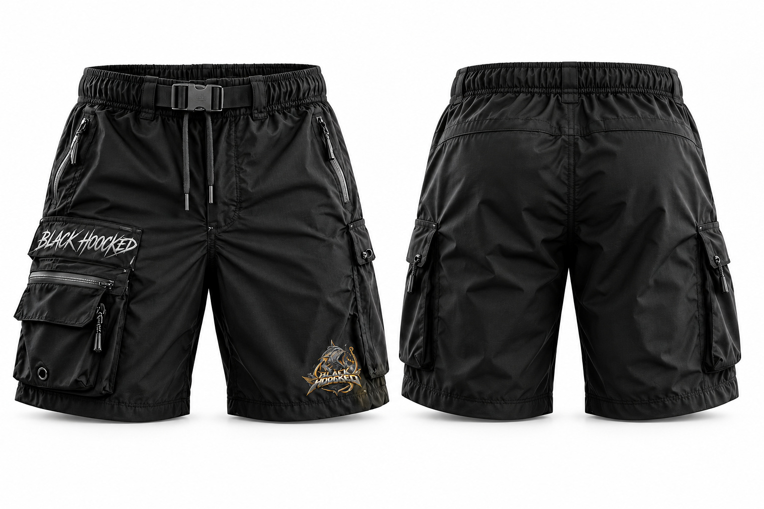Shorts da pesca neri, vista anteriore e posteriore